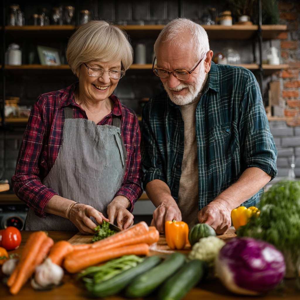 Smiling middle-aged Ukrainian woman holding a colorful plate of healthy foods, standing in a bright modern kitchen